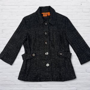Tory Burch Estella Blazer Metallic Black Silver Woven Jacket Size 8 Tweed Lined